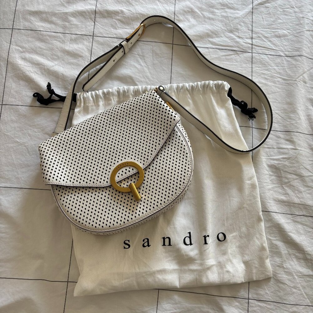 Sandro Pepita White Leather Perforated Shoulder Bag